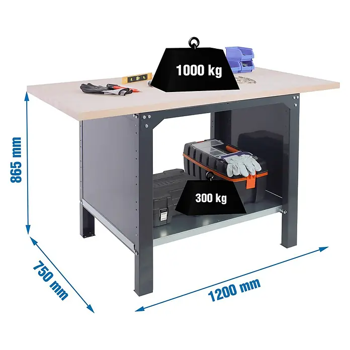 Simonrack Simonwork Banco de trabajo BT6 PRO Laminate - L x An: 75 x 120 cm, Altura de trabajo: 86,5 cm, Carga soportada: 1.300 kg, Antracita - Banco de trabajo con una capacidad de carga de 1000 kg en la superficie y 300 kg en el estante. Ideal para taller.