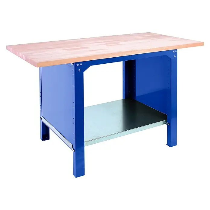 Simonrack Simonwork Banco de trabajo BT6 PRO Laminate - L x An: 75 x 120 cm, Altura de trabajo: 86,5 cm, Carga soportada: 1.300 kg, Azul - Banco de trabajo resistente con patas de metal azul y tablero de madera clara, ideal para tareas de taller y ofrece un espacio de trabajo fiable.