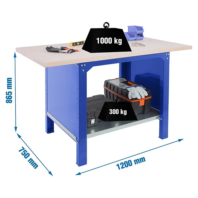 Simonrack Simonwork Banco de trabajo BT6 PRO Laminate - L x An: 75 x 120 cm, Altura de trabajo: 86,5 cm, Carga soportada: 1.300 kg, Azul - Banco de trabajo con estructura metálica azul y tablero de madera clara. Dimensiones mostradas.\n