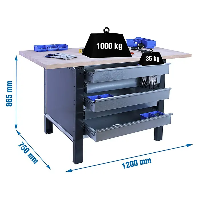 Simonrack Simonwork Banco de trabajo BT6 PRO Box Laminate - L x An: 75 x 120 cm, Altura de trabajo: 86,5 cm, Carga soportada: 1.000 kg, Antracita - Imagen del producto de un banco de trabajo con cajones e indicaciones de peso que resaltan su estabilidad y capacidad de carga.