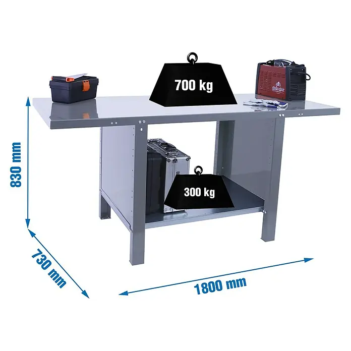 Simonrack Simonwork Banco de trabajo BT6L PRO Metal - L x An: 73 x 180 cm, Altura de trabajo: 83 cm, Carga soportada: 1.000 kg, Gris - Presentación de un banco de trabajo con dimensiones de 1800x730x830 mm, con pesos de carga de 700 kg y 300 kg.