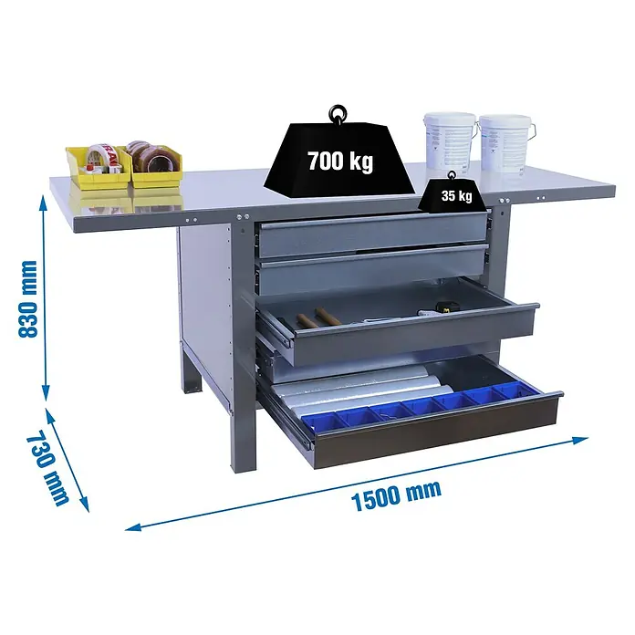 Simonrack Simonwork Banco de trabajo BT6L PRO Box Metal - L x An: 73 x 150 cm, Altura de trabajo: 83 cm, Carga soportada: 600 kg, Gris - Representación de una mesa de herramientas con cajones, que se puede cargar con pesos de hasta 700 kg.