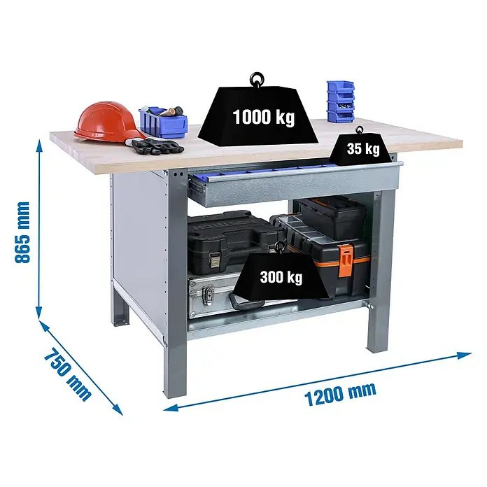 Simonrack Simonwork Banco de trabajo BT6 PRO Box Laminate - L x An: 75 x 120 cm, Altura de trabajo: 86,5 cm, Carga soportada: 1.335 kg, Gris - Banco de trabajo con herramientas, cajón y dos estantes, dimensiones: 865x750x1200 mm, carga soportada: 1335 kg.