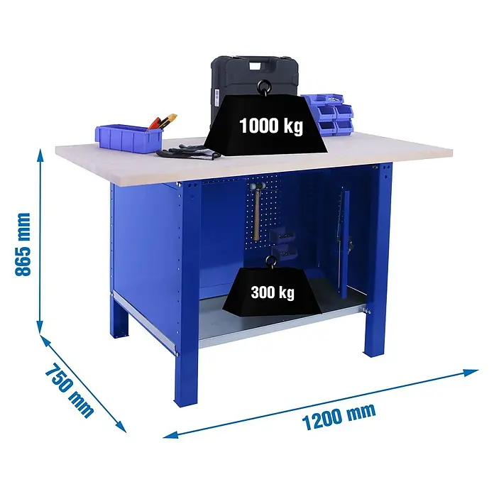 Simonrack Simonwork Banco de trabajo BT6L PRO Cabinet Laminate - L x An: 75 x 120 cm, Altura de trabajo: 86,5 cm, Carga soportada: 1.300 kg, Azul - Imagen de un banco de trabajo azul con dimensiones, que muestra una construcción robusta diseñada para entornos de trabajo exigentes.
