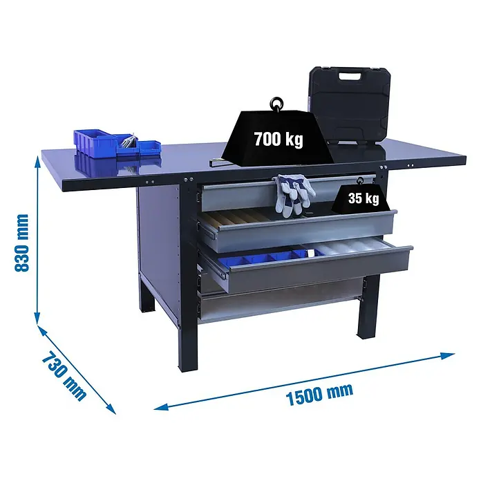 Simonrack Simonwork Banco de trabajo BT6L PRO Box Metal - L x An: 73 x 150 cm, Altura de trabajo: 83 cm, Carga soportada: 600 kg, Antracita - Banco de trabajo con cajones e información de peso para la capacidad de carga, asegurando un trabajo seguro.