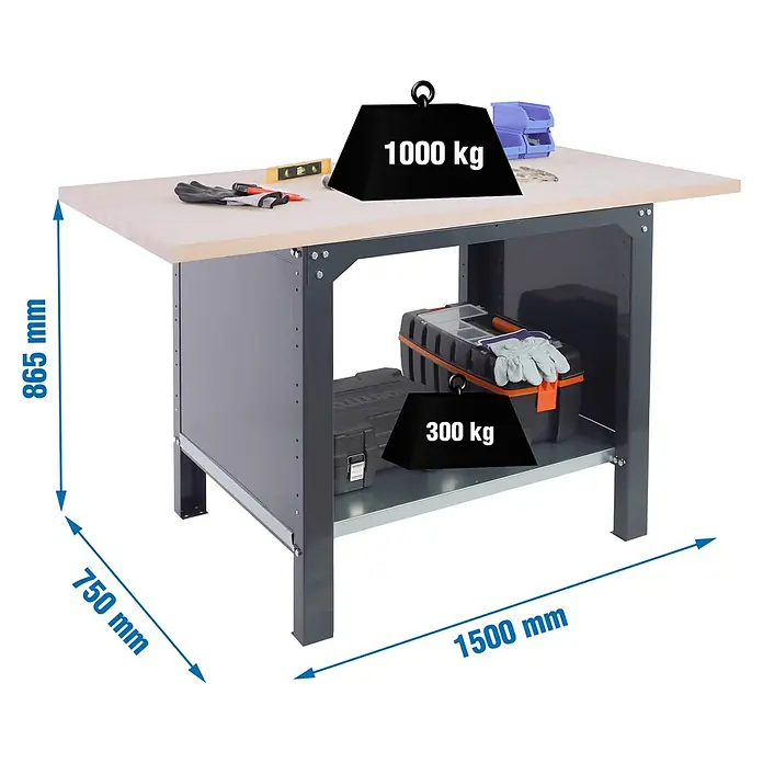Simonrack Simonwork Banco de trabajo BT6L PRO Laminate - L x An: 75 x 150 cm, Altura de trabajo: 86,5 cm, Carga soportada: 1.300 kg, Antracita - Representación de una mesa de taller con dimensiones de 1500 mm x 750 mm x 865 mm. El banco de trabajo tiene una capacidad de carga de 1000 kg en la superficie de trabajo y 300 kg en el estante.