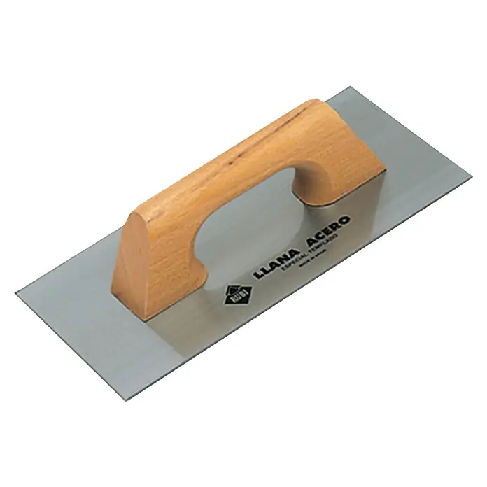 Rubi Llana - 150 x 300 mm, Acero, Mango de madera - Primer plano de una llana de acero inoxidable con mango de madera, una herramienta para alisar yeso y mortero.