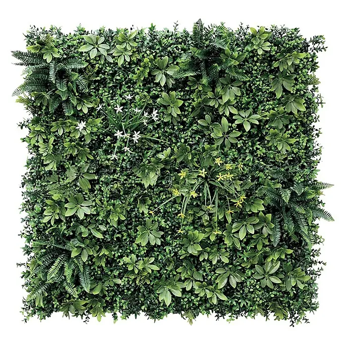 Nortene Vertikaler Garten Helene - 100 x 100 cm, Kunststoff - Dekorative grüne Pflanzenwand mit verschiedenen Blattformen und kleinen weißen und gelben Blüten.
