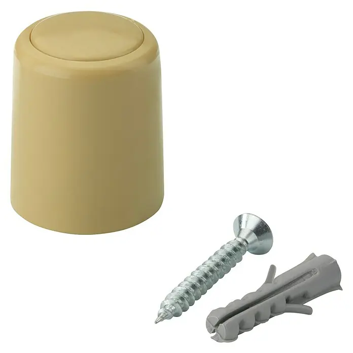 Inofix Tope de puerta 3040 - Plástico, Beige - Primer plano de un tope de puerta beige con un tornillo y un taco, componentes necesarios para la instalación. El tope de puerta es cilíndrico.