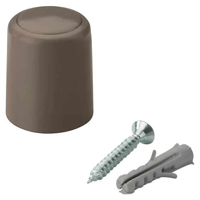 Inofix Tope de puerta 3040 - Plástico, Marrón - Un tope de puerta marrón de plástico con tornillo y taco para montaje en pared, ideal para evitar daños en las paredes.