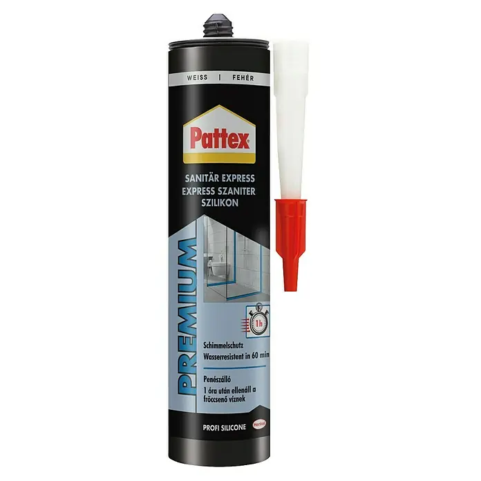 Pattex Sanitär-Silikon - Weiß, 280 ml - Bild einer Pattex Sanitär Express Silikonkartusche in Schwarz, Weiß und Rot. Das Silikon ist wasserbeständig in 60 Minuten.