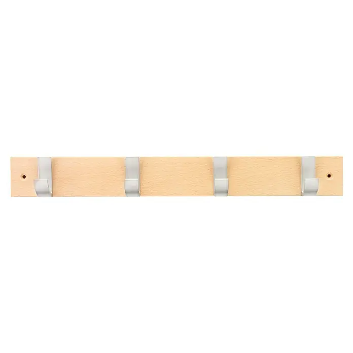 Inofix Perchero 3704 - L x An x Al: 49 x 6 x 6 cm, Madera, Natural - Perchero de madera con cuatro ganchos plateados para guardar chaquetas, abrigos o sombreros. Complemento práctico y elegante para cualquier estancia.