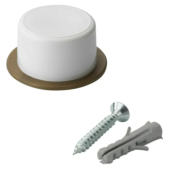 Inofix Tope de puerta 3042 - Plástico, Blanco - Un tope de puerta blanco con base beige y un tornillo con taco sobre un fondo negro. El tope de puerta previene daños en las paredes.