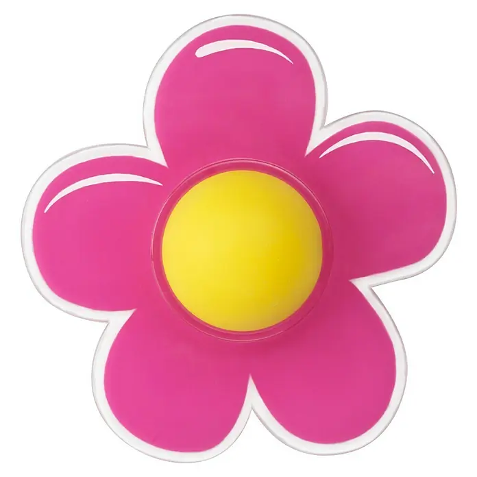 Inofix Tope de puerta infantil Flor - Plástico, Rosa - Primer plano de una decoración de flor rosa con un centro amarillo y detalles blancos.