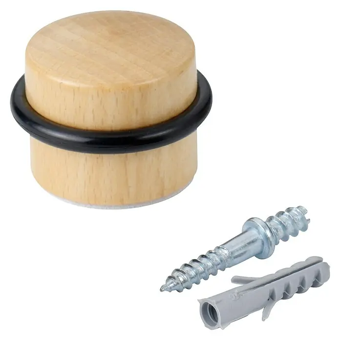 Inofix Tope de puerta 3045 - Madera, Haya - Un tope de puerta de madera con una base de goma negra, junto con tornillos y tacos para el montaje.