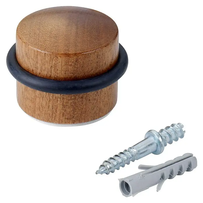 Inofix Tope de puerta 3045 - Madera, Marrón - Primer plano de un tope de puerta de madera con un anillo de goma, junto con un tornillo y un taco para el montaje.