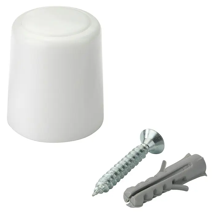 Inofix Tope de puerta 3040 - Plástico, Blanco - Primer plano de un tope de puerta blanco con tornillo y taco, ideal para una instalación segura y proteger paredes y muebles.