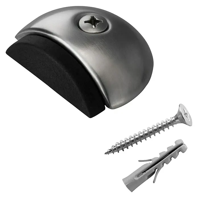Inofix Tope de puerta 3163 - Acero inoxidable, Plateado/Negro - Primer plano de un tope de puerta de acero inoxidable, completo con tornillo y taco para su instalación.