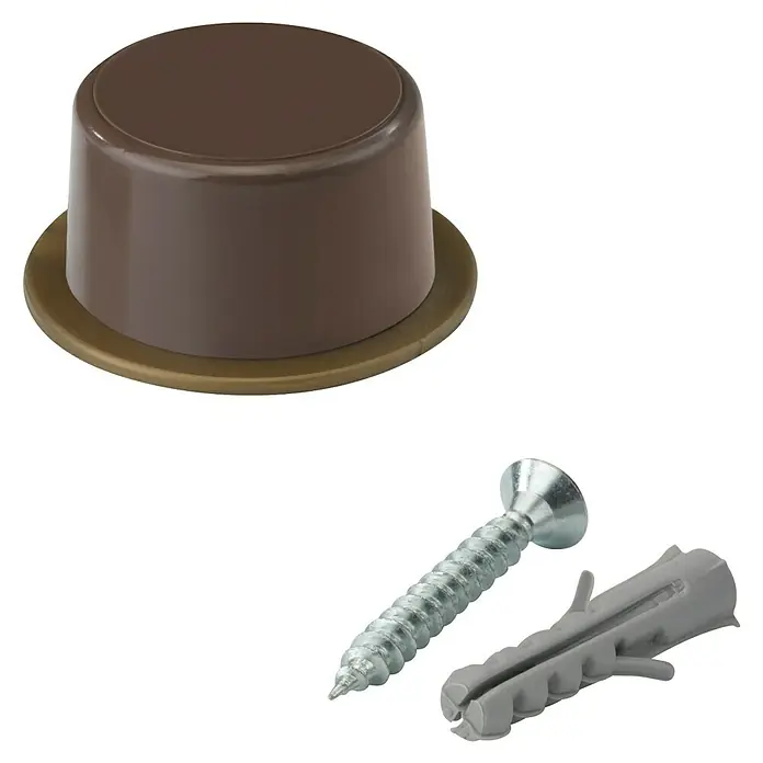 Inofix Tope de puerta 3042 - Plástico, Marrón - Tope de puerta marrón con base dorada, tornillo y taco. Accesorios útiles para el montaje de puertas y la protección de la pared.