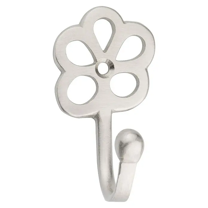 Inofix Gancho para colgar 3752 - An x Al: 4 x 6,6 cm, Latón, Niquelado - Primer plano de un gancho de pared plateado con forma de flor y punta redondeada, ideal para el almacenamiento y la decoración en el hogar.