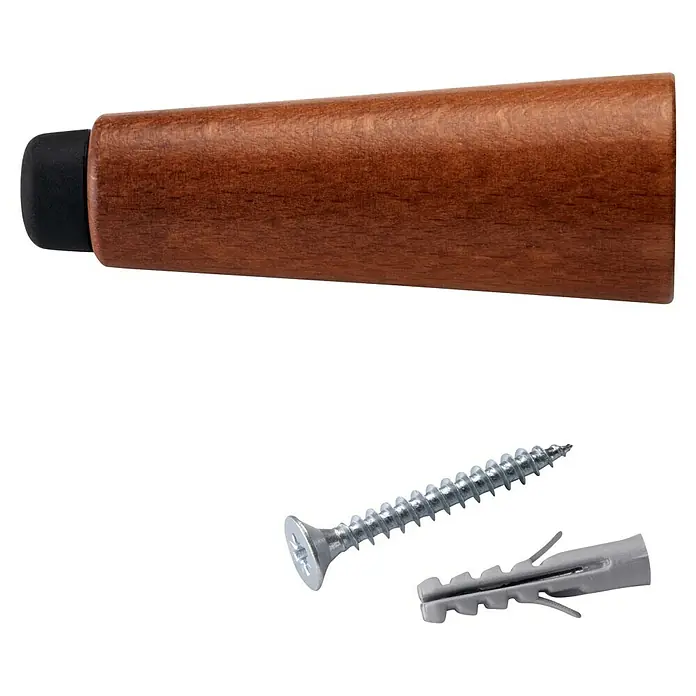 Inofix Tope de puerta 3165 - Madera, Marrón - Un tope de puerta de madera con una punta de goma negra y un tornillo con taco están sobre un fondo negro.