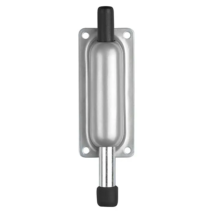 Inofix Tope fijador - L x An x Al: 25 x 44 x 154 mm, Atornillado, Cromo - Primer plano de un tope de puerta de color plateado con un parachoques de goma negra y una placa de montaje cuadrada.