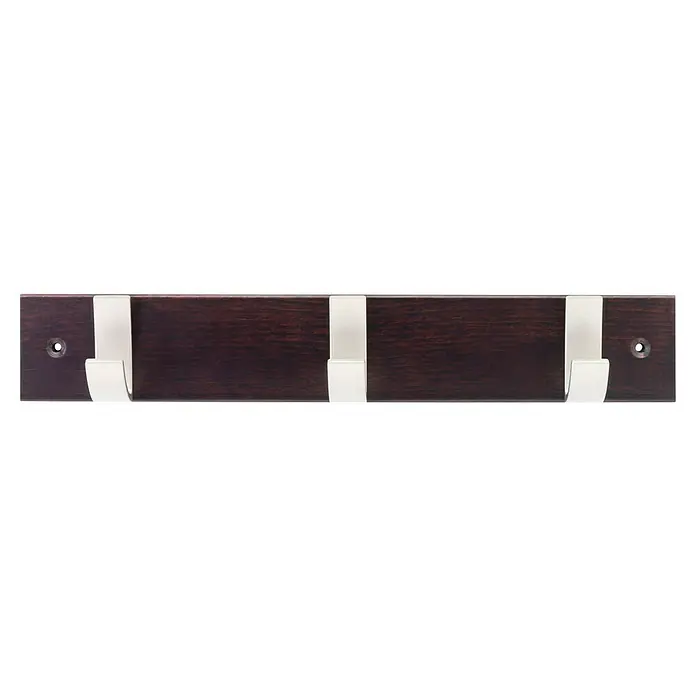 Inofix Perchero 3703 - L x An x Al: 36 x 6 x 6 cm, Madera, Wengué - Un perchero elegante con tres ganchos. La madera tiene una mancha oscura y los ganchos son de metal brillante.