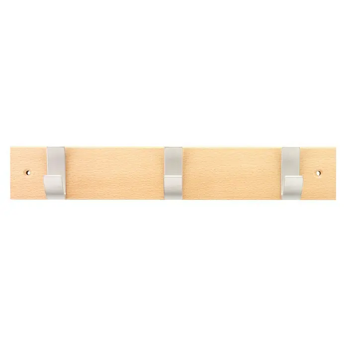 Inofix Perchero 3703 - L x An x Al: 36 x 6 x 6 cm, Madera, Natural - Perchero de madera clara con tres ganchos plateados, ideal para chaquetas y accesorios. Práctico y elegante para cualquier entrada.