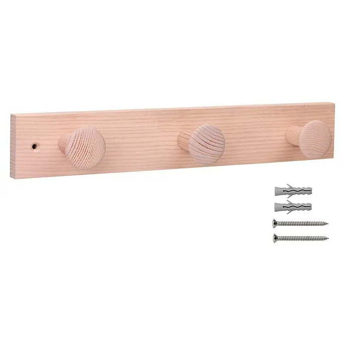 Inofix Perchero 3733 - L x An x Al: 36 x 6 x 6 cm, Madera, Rosa - Perchero de madera clara con tres pomos redondos y material de fijación incluido. Práctico y elegante para cualquier espacio.
