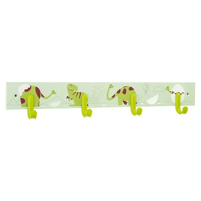 Inofix Perchero 3706 - L x An x Al: 488 x 8 x 48 cm, Madera, Verde - Un perchero infantil con motivos de dinosaurios y ganchos verdes, perfecto para la habitación de los niños. ¡Práctico y decorativo!