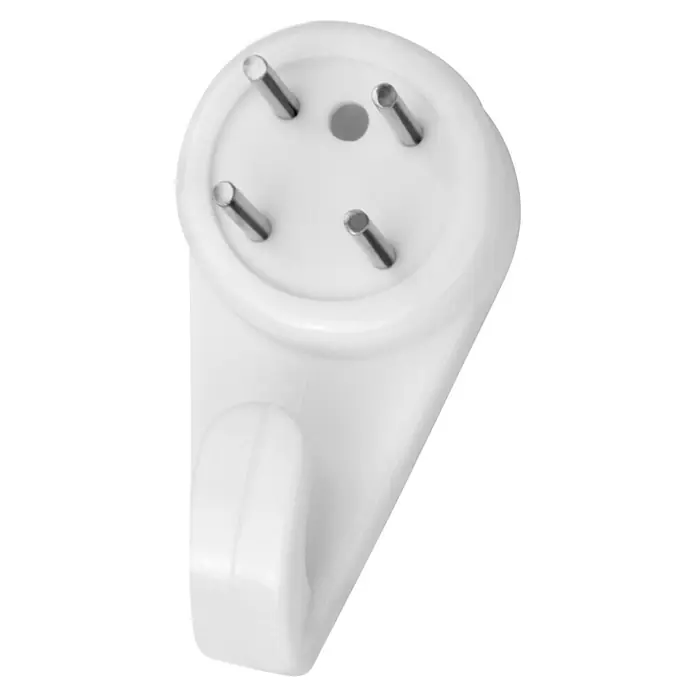 Inofix Gancho para colgar cuadros 3002 - Plástico, Blanco - Primer plano de un colgador de cuadros blanco con cuatro clavijas y un orificio en el centro para asegurar cuadros a la pared.