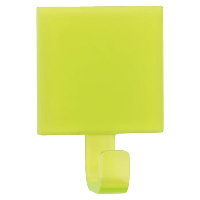 Inofix Colgador adhesivo 2305 - Plástico, Verde - Primer plano de un gancho adhesivo rectangular amarillo brillante para montaje en pared, perfecto para artículos ligeros y organización.