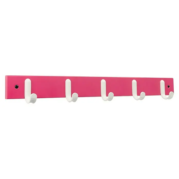 Inofix Perchero 3707 - L x An x Al: 48,8 x 6 x 5,2 cm, Madera, Rosa - Primer plano de un perchero de pared rosa con cinco ganchos blancos, que combina funcionalidad con estilo. Almacenamiento práctico para cualquier espacio.