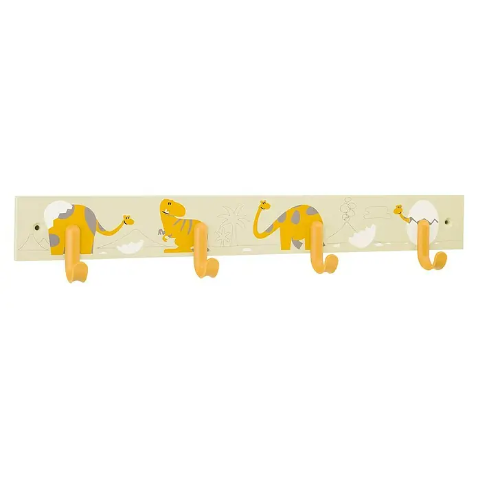 Inofix Perchero 3706 - L x An x Al: 488 x 8 x 48 cm, Madera, Amarillo - Perchero infantil amarillo con motivos de dinosaurios, perfecto para cualquier habitación infantil. Diseño adorable y ganchos prácticos para colgar chaquetas.