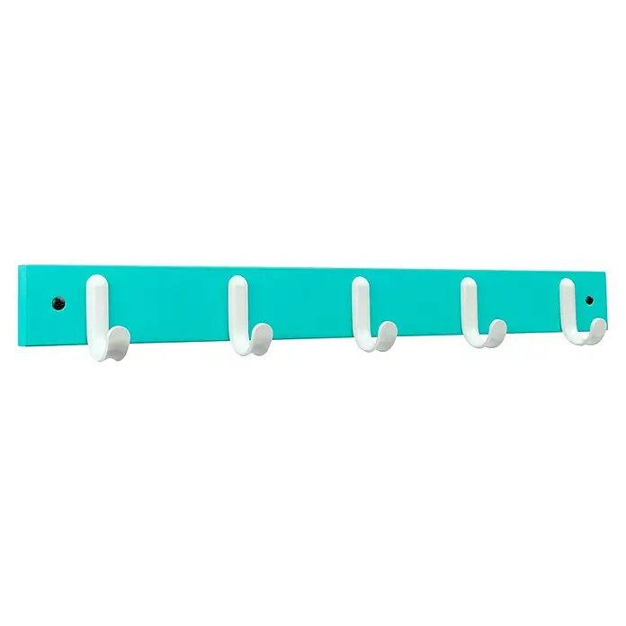 Inofix Perchero 3707 - L x An x Al: 48,8 x 6 x 5,2 cm, Madera, Turquesa - Perchero turquesa con cinco ganchos blancos, perfecto para guardar chaquetas, sombreros y bufandas en el pasillo o dormitorio.