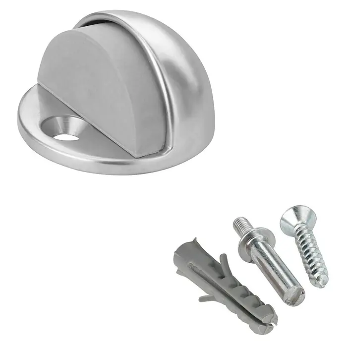 Inofix Tope de puerta 3049 - Metal, Gris metalizado - Un tope de puerta plateado con accesorios de montaje. El conjunto incluye tornillos y tacos para una fácil instalación.