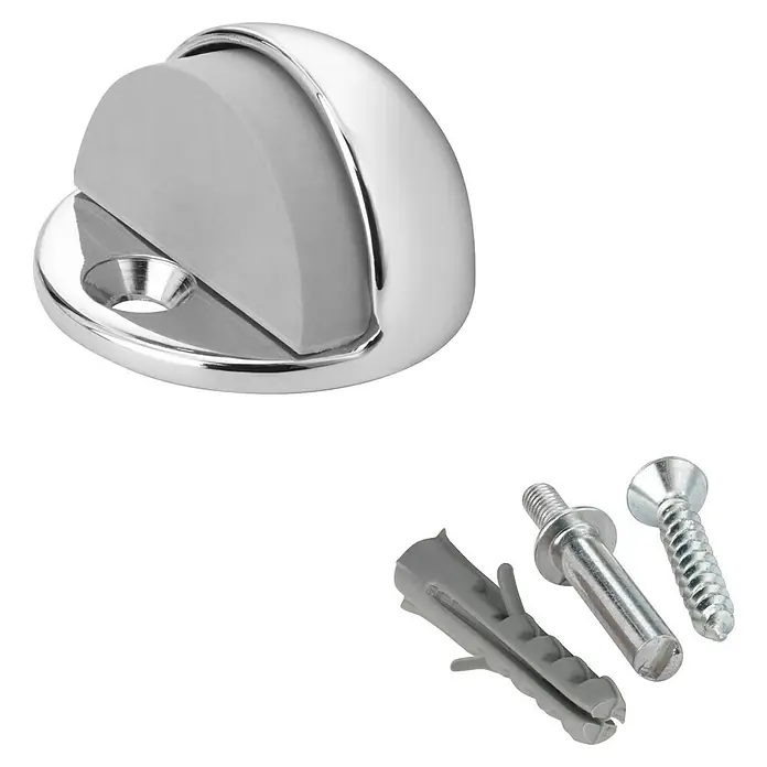 Inofix Tope de puerta 3049 - Metal, Cromo - Un tope de puerta redondo plateado con tope de goma y materiales de fijación para una fácil instalación y una protección fiable contra daños.