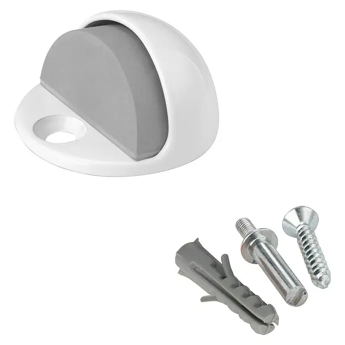 Inofix Tope de puerta 3049 - Metal, Blanco - Un tope de puerta blanco con un tope de goma gris, junto con taco y tornillos para el montaje.