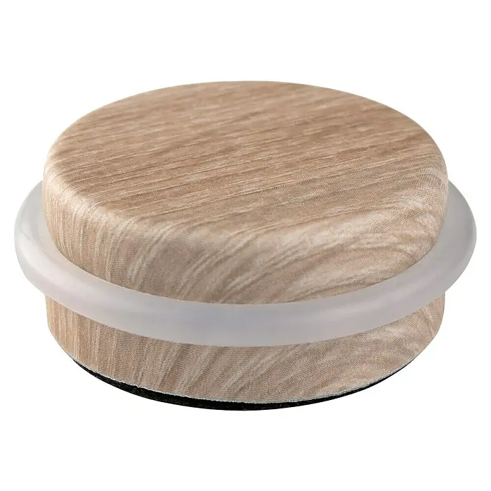 Inofix Tope de puerta 2098 - Ø x Al: 46 x 18 mm, fresno Calcáreo - Primer plano de un tope de puerta de madera con un anillo de goma blanco, sobre una superficie negra.
