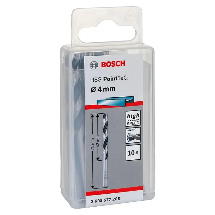 Bosch Metallbohrer PointTeQ - 10 Stk., Durchmesser Bohrer: 4 mm - Eine Packung Bosch HSS PointTeQ Bohrer mit einem Durchmesser von 4 mm, ideal für präzise Bohrarbeiten.