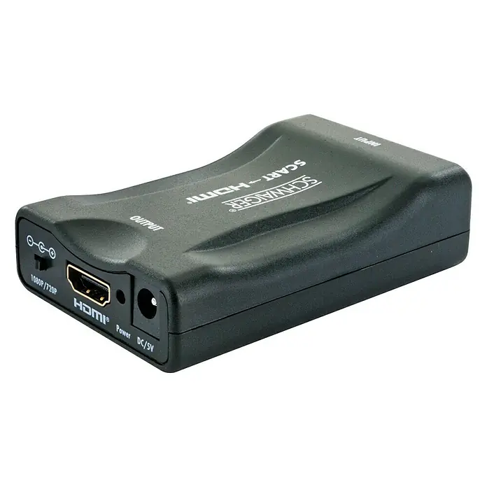 Schwaiger HDMI-Adapter - SCART Buchse (21-pol.) auf HDMI®-Buchse - Das Bild zeigt einen schwarzen Schwager SCART-HDMI-Konverter vor einem schwarzen Hintergrund. Das Gerät hat Anschlüsse für HDMI, Strom und 1080P/720P.