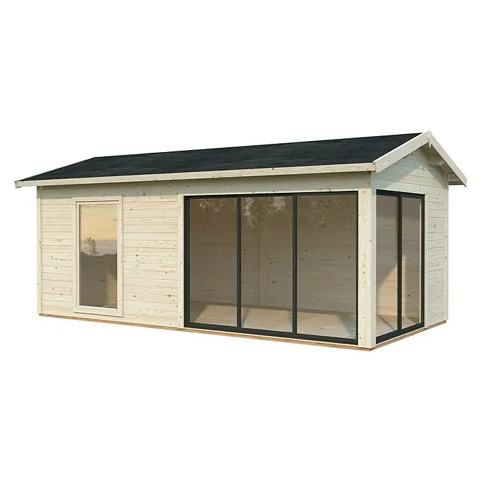 Palmako Gartenhaus Amanda Slide Plus - Außenmaß inkl. Dachüberstand (B x T): 639 x 340 cm, Tauchgrundiertes Holz, Natur - Das moderne Gartenhaus mit großen Glasfronten bietet viel Licht und eine tolle Aussicht in den Garten. Ideal für Entspannung und Hobby.