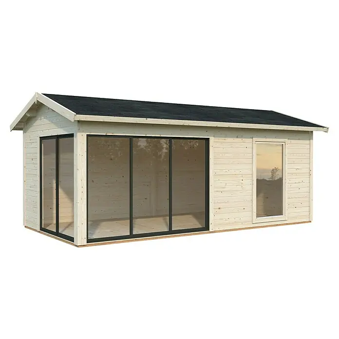 Palmako Gartenhaus Amanda Slide Plus - Außenmaß inkl. Dachüberstand (B x T): 639 x 340 cm, Tauchgrundiertes Holz, Natur - Dieses Bild zeigt ein modernes Gartenhaus mit einem dunklen Dach und großen Glasfenstern, das ein helles, einladendes Ambiente ausstrahlt.