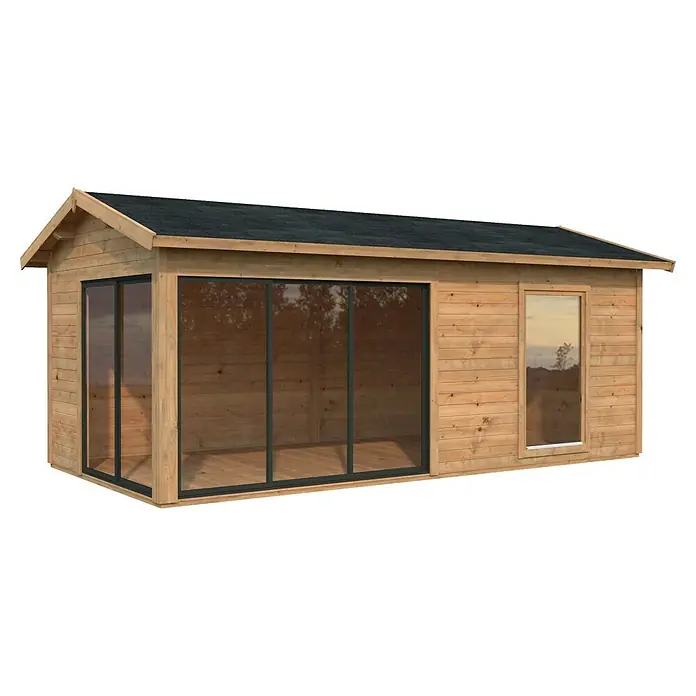 Palmako Gartenhaus Amanda Slide Plus - Außenmaß inkl. Dachüberstand (B x T): 639 x 340 cm, Tauchgrundiertes Holz, Hellbraun - Abbildung eines modernen Holzgartenhauses mit großen Fenstern und dunklem Dach, das eine elegante und funktionale Außenstruktur zeigt.