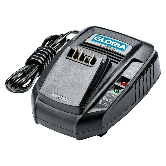 Gloria Power for All 18V Schnellladegerät 18V Power for All - Passend für: Bosch 14,4 V & 18 V Power for All Akkus sowie Gloria 18V Geräte - Nahaufnahme des Gloria AL 1830 CV Akku-Ladegeräts, ein unverzichtbares Zubehör für Gloria-Akkugeräte.