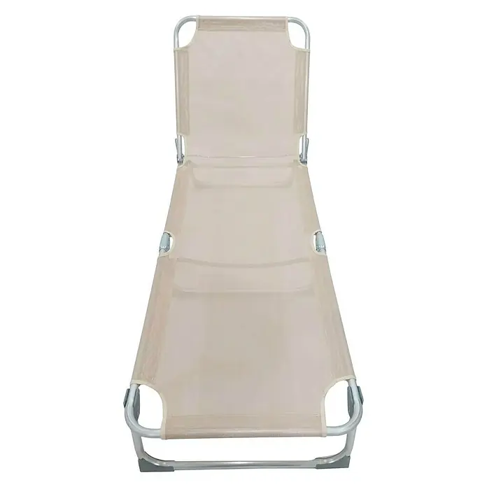 Sunfun Tumbona de jardín Graciela - 59 x 186 x 26 cm, Beige, Textil, Respaldo regulable - Imagen de una silla de playa beige con estructura metálica sobre un fondo blanco.