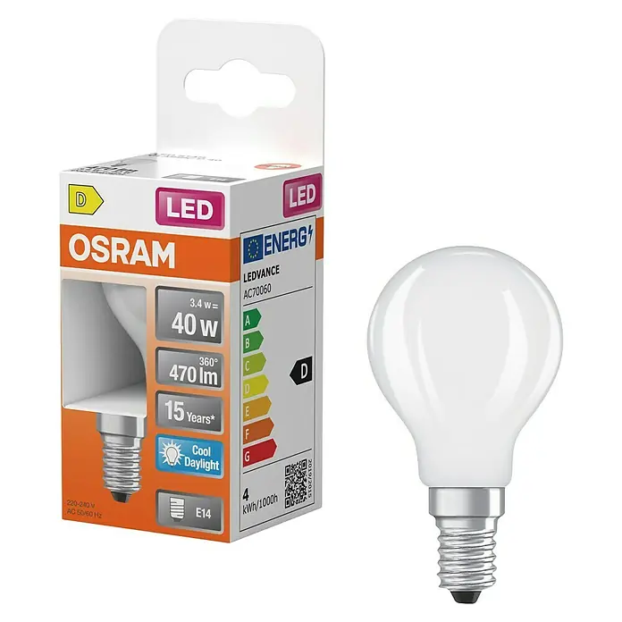 Osram Star Bombilla LED Classic - E14, No regulable, Blanco diurno, 470 lm, 3,4 W - Imagen de una bombilla LED de Osram, que ofrece una iluminación de eficiencia energética con una larga vida útil de 15 años.