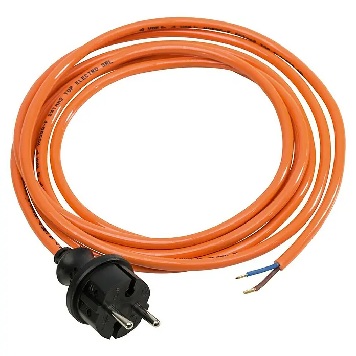 Euro-Anschlussleitung H05BQ-F - Orange - Ein oranges Stromkabel mit Stecker. Das Kabel ist aufgerollt und die Enden mit den Adern sind sichtbar.