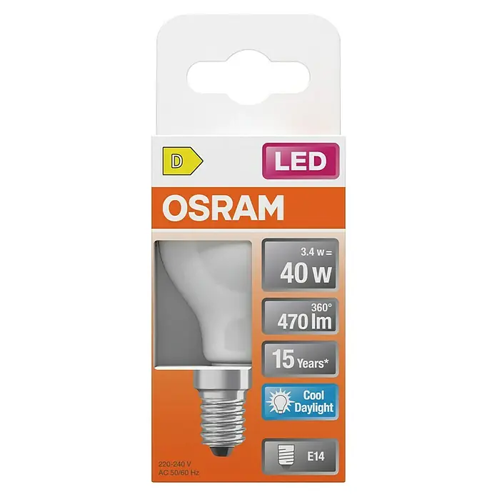 Osram Star Bombilla LED Classic - E14, No regulable, Blanco diurno, 470 lm, 3,4 W - Primer plano del embalaje de una bombilla LED OSRAM con base E14, que ofrece luz de día fría de bajo consumo.