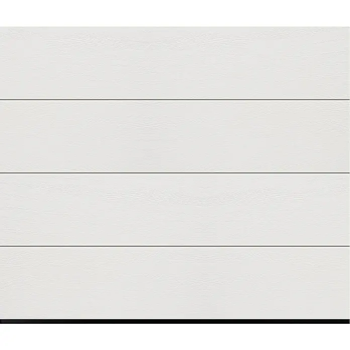 Solid Elements Garagentor Solid Pro Iso - 2.500 x 2.125 mm, Außen: Reinweiß, Innen: Grauweiß - Detailaufnahme einer weißen Garagentor-Oberfläche mit horizontaler Holzmaserung und klaren Linien.